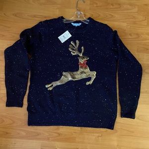 Adorable Reindeer Holiday Sweater Navy Blue Size Large